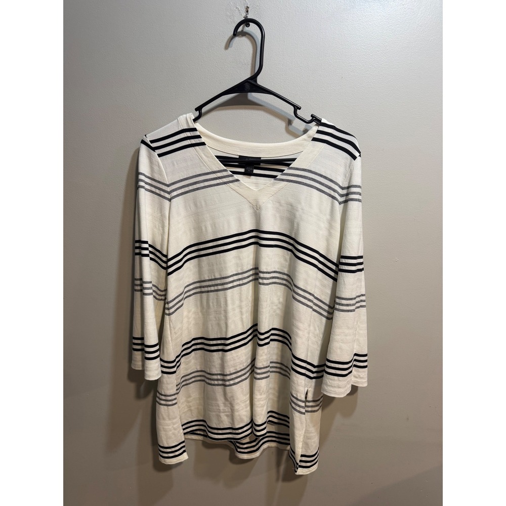 J. Jill Wearever Striped V-Neck Tunic Top Cream Black 3/4 Sleeve Womens XS
